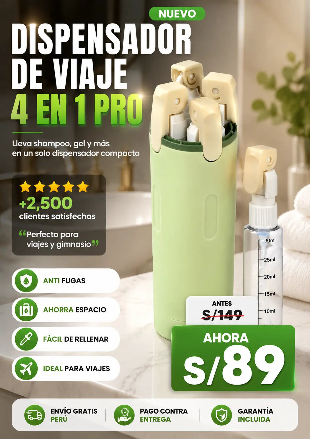 Dispensador de viaje 4 en 1 , adecuado para almacenar champú