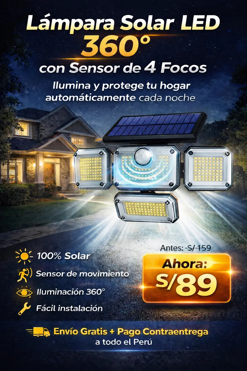 Lámpara Solar LED 360° de 4 cabezales