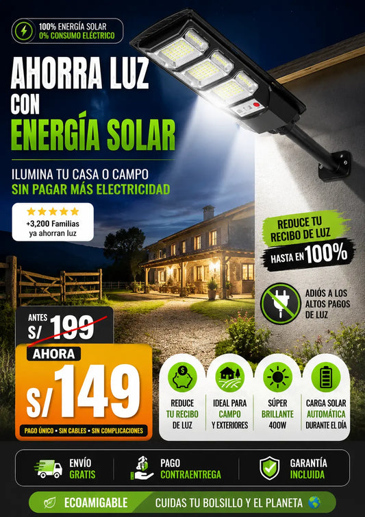 Farola solar de 400w  ahorra en tus facturas de luz