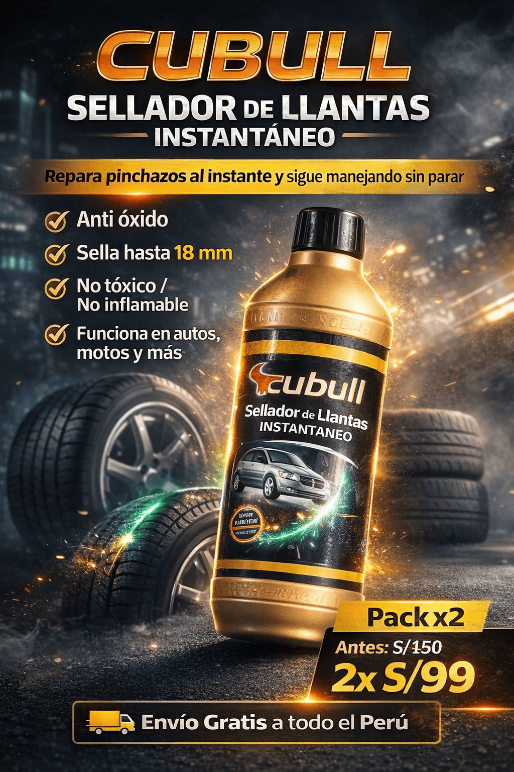 Sellador de Llantas Instantáneo Cubull pack de 2 unidadesx99 Soles