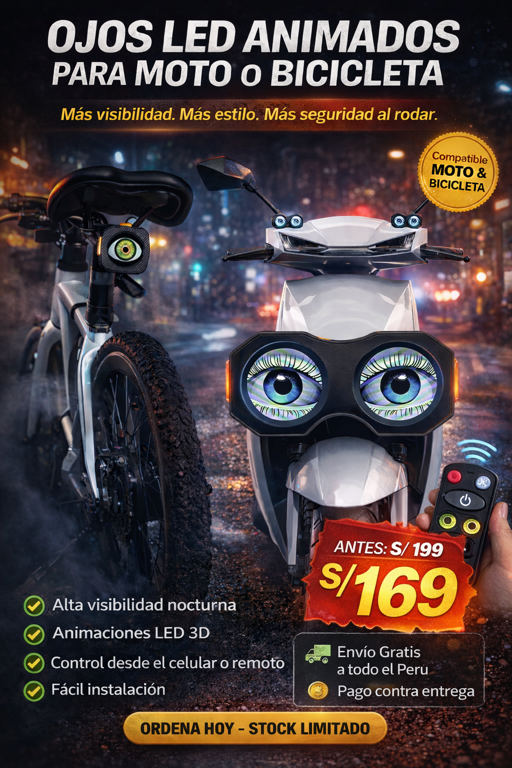 Ojos LED Animados para Moto y Bicicleta
