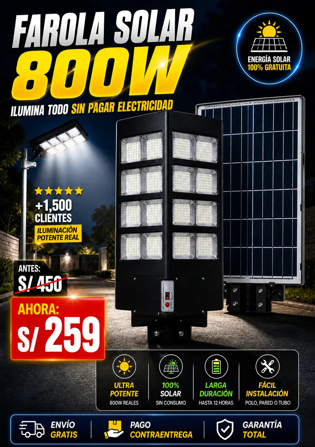 Farola solar LED 800 W para exterior con panel integrado